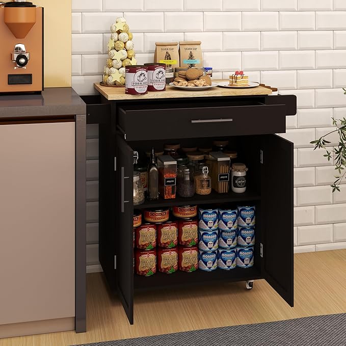 Modern Dining Table Kitchen Island Rolling Trolley Cart with Shelves, Drawer, Doors, Towel Rack & Seasoning Rack - Rubber Wood Table Top for Dining Room,Black-MDF
