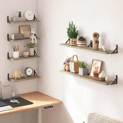 Fixwal Shelves for Room Wall, Width 4.7in Rustic Wood Wall Storage, Floating Shelves for Bedroom, Living Room, Kitchen, Bathroom, Office Decor and Plants Display (Set of 8 Carbonized Black)