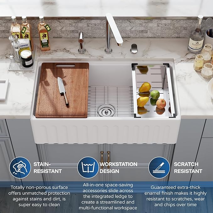 33 White Farmhouse Sink Reversible Workstation, Hugsleek Undermount Farm Kitchen Sink 33x20 inch Apron Front White Porcelain Ceramic Fireclay Sinks Single Bowl Under Counter Farmer Basin Accessories