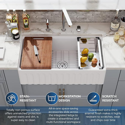 33 White Farmhouse Sink Reversible Workstation, Hugsleek Undermount Farm Kitchen Sink 33x20 inch Apron Front White Porcelain Ceramic Fireclay Sinks Single Bowl Under Counter Farmer Basin Accessories