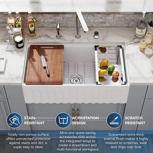 33 White Farmhouse Sink Reversible Workstation, Hugsleek Undermount Farm Kitchen Sink 33x20 inch Apron Front White Porcelain Ceramic Fireclay Sinks Single Bowl Under Counter Farmer Basin Accessories