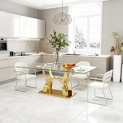 Large Glass Dining Table for 6-8,Gold Kitchen Table with Stainless Steel Base,68.9''Rectangle Dinner Table Glass Top,Modern Tables for Dining Room and Kitchen,Office,Sturdy Made(Table Only)