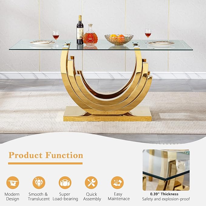 70" Luxury Glass Dining Table for 4 to 6 People, Modern Dining Room Table, Tempered Glass Top & Mirrored Finish Stainless Steel Pedestal, Large Rectangle Kitchen Dining Table Long Dinner Table, Gold