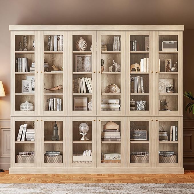 70.8" Farmhouse Kitchen Pantry Cabinet with Glass Doors, Modular Storage Cabinet with 6-Tier Adjustable Shelves, Large Storage Cabinet for Kitchen or Living Room, Set of 3, Brown