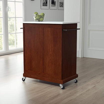 Crosley Furniture Compact Stone Top Small Rolling Cart with Shelves, Microwave Stand with Towel Rack, Mahogany