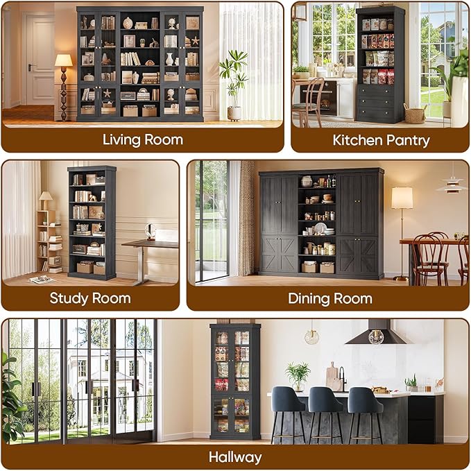 70.8" Farmhouse Kitchen Pantry Cabinet with Glass Doors, Modular Storage Cabinet with 6-Tier Adjustable Shelves, Large Storage Cabinet for Kitchen or Living Room, Black