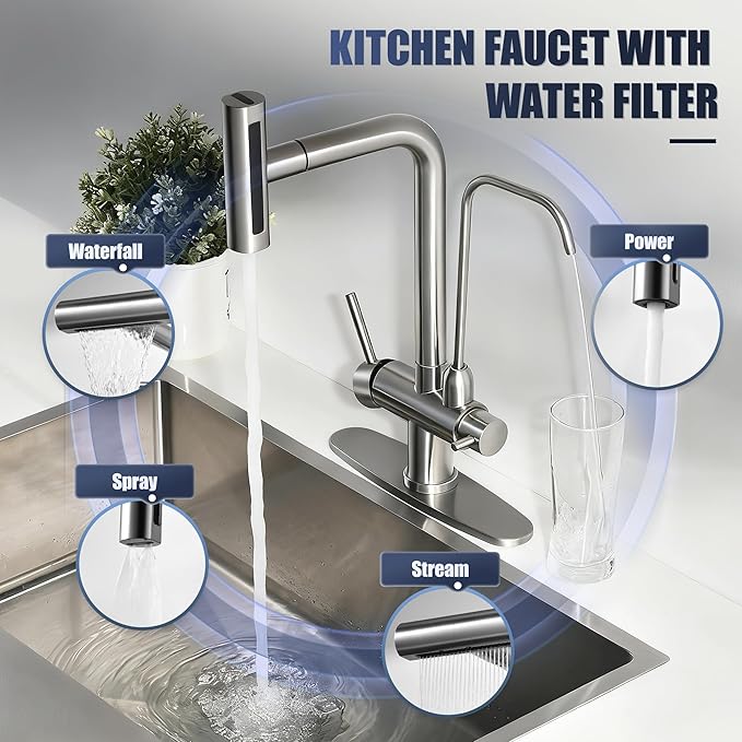 Waterfall Kitchen Faucet with Water Filter,Upgraded Separate Drinking Water 2 Handle Kitchen Faucet with Pull Down Sprayer, Brushed Nickel 3 in 1 Sink Faucets, Without Water Filtration Device