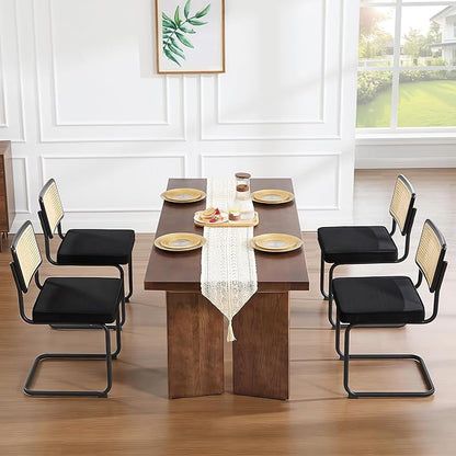 Zesthouse Natural Rattan Dining Chairs Set of 4, Modern Dining Room Chairs with Solid Wood Back for Kitchen Living Room, Mid Century Breuer Design Inspired, Upholstered Velvet Fabric, Black