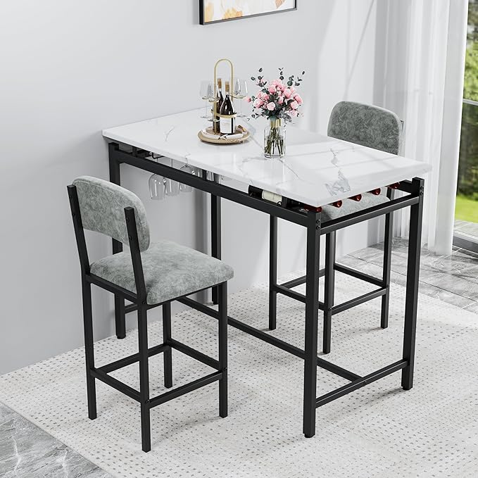 Modern Bar Height Table and Chairs Set - Compact Bar Table and Chairs for 2, Perfect as Small Kitchen Table, Kitchen Island with Seating, or Dining Table with Chairs (Gray)