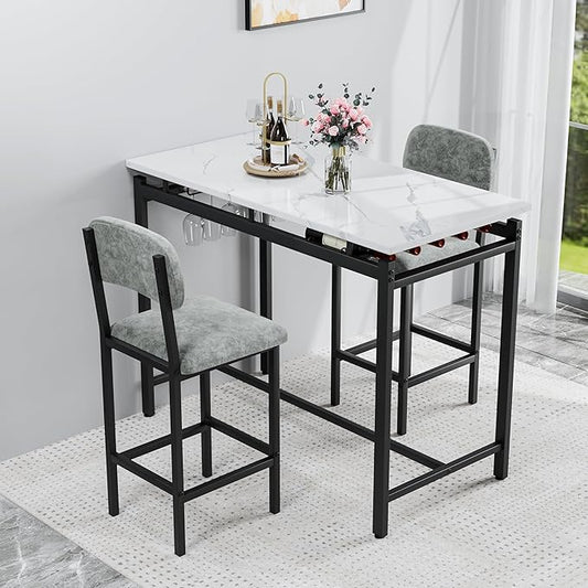 Modern Bar Height Table and Chairs Set - Compact Bar Table and Chairs for 2, Perfect as Small Kitchen Table, Kitchen Island with Seating, or Dining Table with Chairs (Gray)