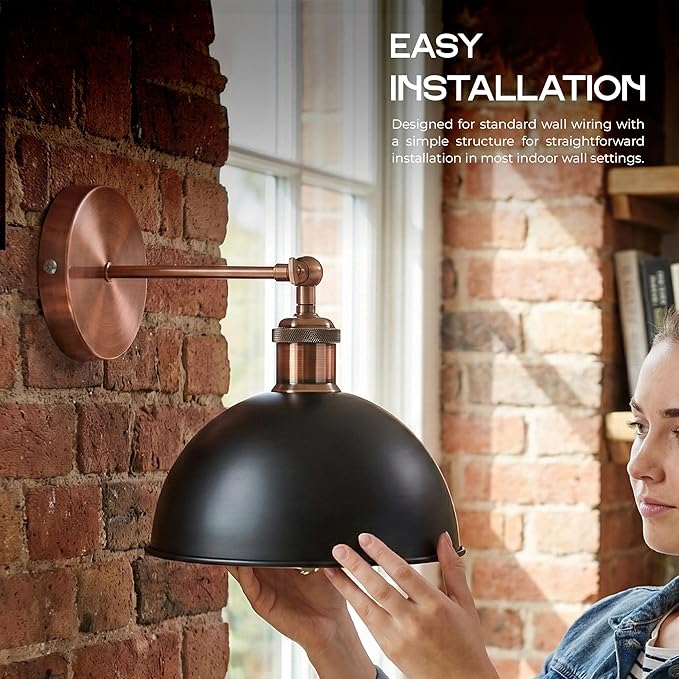 Dome Metal Wall Sconce, 180° Adjustable Industrial Wall Lamp for Bedside, Study, Kitchen, and Living Room Décor. (Black_)