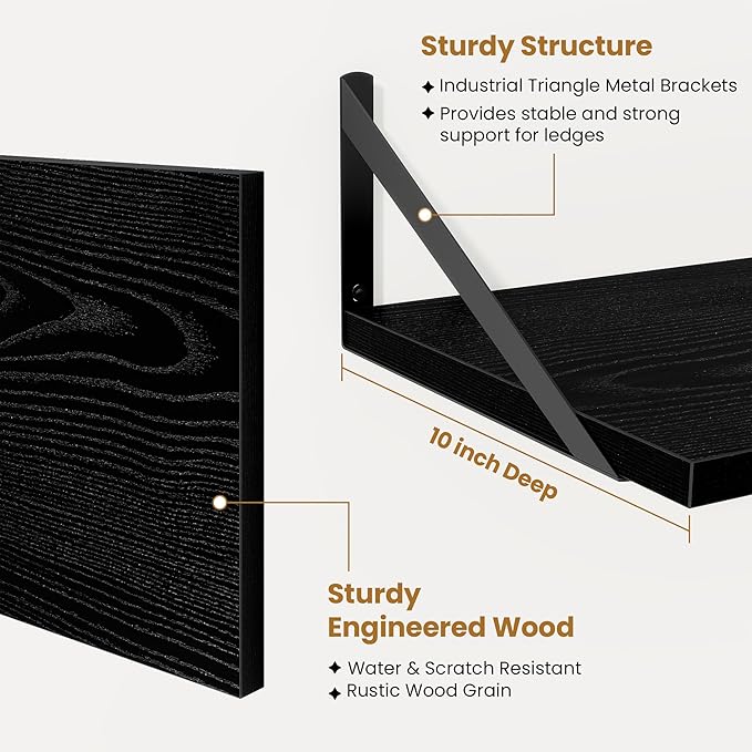Acovy Deep Floating Shelves,55" Wx10 D Wood Wall Shelves Set of 2,Long Wood Floating Shelf with Metal Brackets,Floating Bookshelf for Living Room,Kitchen,Office,Bedroom,Decor Storage,Black