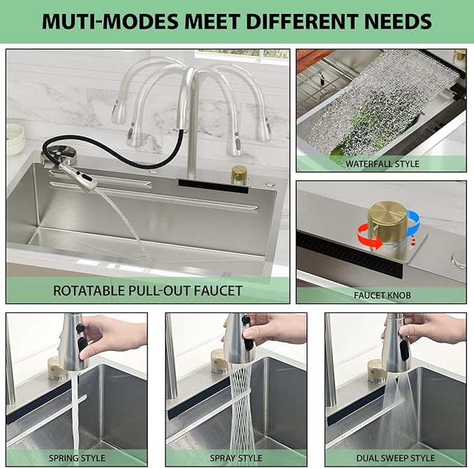 33 Inch Waterfall Kitchen Sink - Beslend 33x22 Drop In Waterfall Sink Workstation Smart Sinks 16 Gauge Stainless Steel Single Bowl Single Basin with Faucet Combo