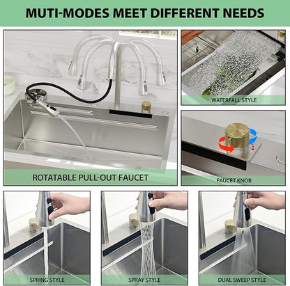 33 Inch Waterfall Kitchen Sink - Beslend 33x22 Drop In Waterfall Sink Workstation Smart Sinks 16 Gauge Stainless Steel Single Bowl Single Basin with Faucet Combo