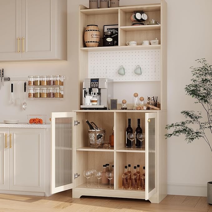 71" Kitchen Pantry Cabinet with Double Glass Doors and Pegboard, Wooden Cabinet with Open Shelves and Countertop,Kitchen Hutch with Storage for Dining Room or Living Room, Natural
