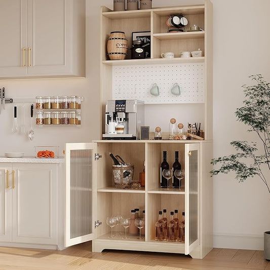 71" Kitchen Pantry Cabinet with Double Glass Doors and Pegboard, Wooden Cabinet with Open Shelves and Countertop,Kitchen Hutch with Storage for Dining Room or Living Room, Natural