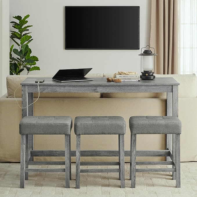 4-Piece Kitchen Island Counter-Table Set with Charging Station, Industrial 59" Dining Tables with 3 Stools, 59 Inch Farmhouse Bar Table Chairs w/USB & Type-C & Power Outlets, Grey