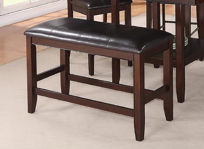 Brown Espresso Counter Height Bench with Faux Leather Upholstered Seat and Footrest, Farmhouse Style Wooden Furniture for Kitchen or Dining Room