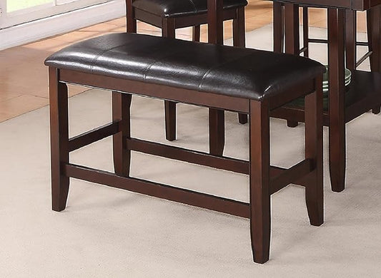 Brown Espresso Counter Height Bench with Faux Leather Upholstered Seat and Footrest, Farmhouse Style Wooden Furniture for Kitchen or Dining Room