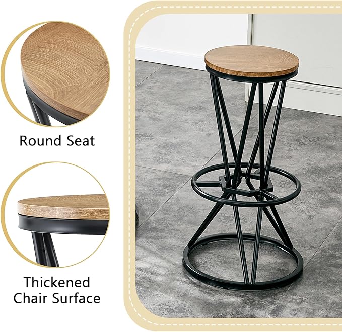 Industrial 3-Piece Bar Counter Set – 31.5" Round MDF Table & 2 Rust-Resistant Metal Bar Stools with Foot Pedals | Perfect for Small Apartments, Kitchen Islands, Home Bars (Black,Wood)