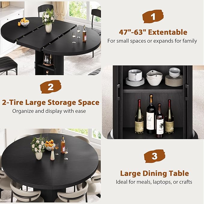 Jocoevol 47″–63″ Extendable Round Dining Table for 4–8 with Dust-Proof 2-Tier Storage Shelf Space Saving Expandable Wood Oval Circle Dinner Furniture with Pedestal Base (Black)