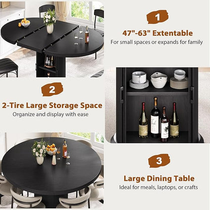 Jocoevol 47″–63″ Extendable Round Dining Table for 4–8 with Dust-Proof 2-Tier Storage Shelf Space Saving Expandable Wood Oval Circle Dinner Furniture with Pedestal Base (Black)