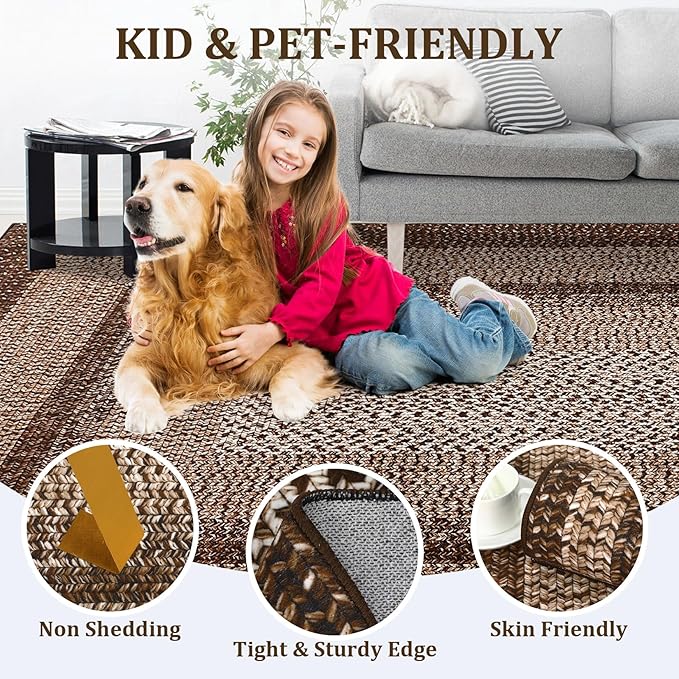 Printed Washable Rugs Runner 2x6 Rug for Living Room Bathroom Rugs Dark Brown Modern Imitation Braided Bedroom Rug Non Slip Geometric Kitchen Runner Stain Resistant Carpet 2'x6' Dark Brown