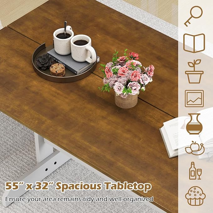 Giantex 55" Dining Table for 4-6, Farmhouse Kitchen Table with H-Shaped Rubber Wood Leg, Adjustable Foot Pads, Rectangular Wood Dinner Tables for Dining Room, Home Office, Living Room, Dinette