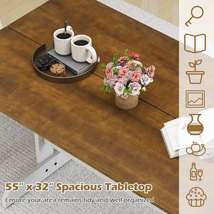Giantex 55" Dining Table for 4-6, Farmhouse Kitchen Table with H-Shaped Rubber Wood Leg, Adjustable Foot Pads, Rectangular Wood Dinner Tables for Dining Room, Home Office, Living Room, Dinette