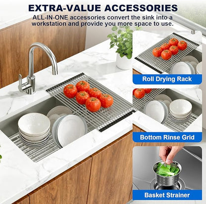 23x18 Undermount Kitchen Sink, S304 Stainless Steel Kitchen Sinks Handmade Modern Single Bowl Deep Sink with Bottom Grid Protector, Roll-up Drying Unit & Drain Assembly
