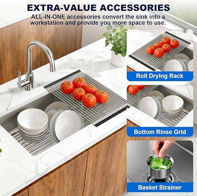 30-inch Undermount Kitchen Sink, S304 Stainless Steel Single Bowl Kitchen Sinks, Modern Kitchen Sink with Bottom Grid & Drain Assembly