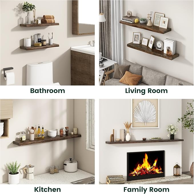 24 Inch Live Edge Floating Shelves, 8 Inch Deep Solid Elm Wood Wall Shelf, Heavy-Duty Wall Mounted Shelf with Invisible Brackets for Living Room, Bathroom, Kitchen, Set of 2, Walnut Color