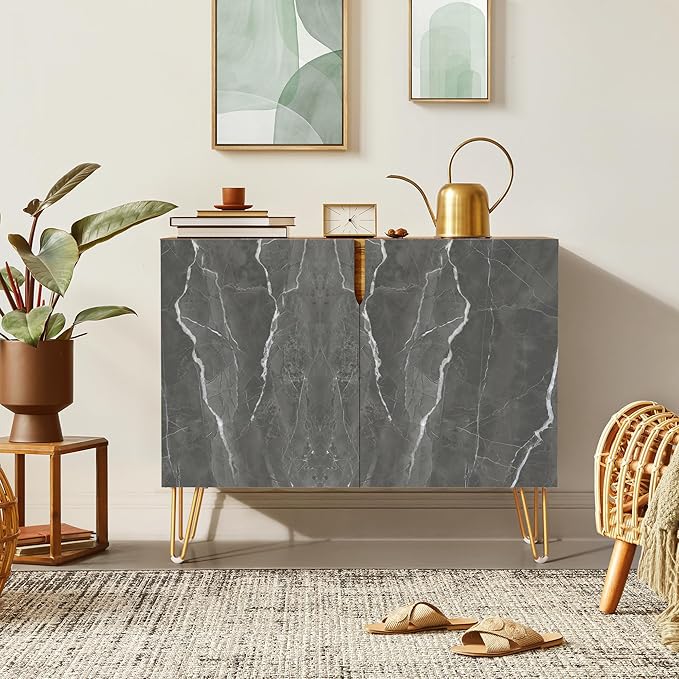 SIGNWIN Sideboard Buffet Cabinet, Kitchen Storage Cabinet with 2 Doors, Dark Gray Stonewash Marble Pattern, Cupboard Console Table for Dining Room - 35" L x 18" W x 29" H