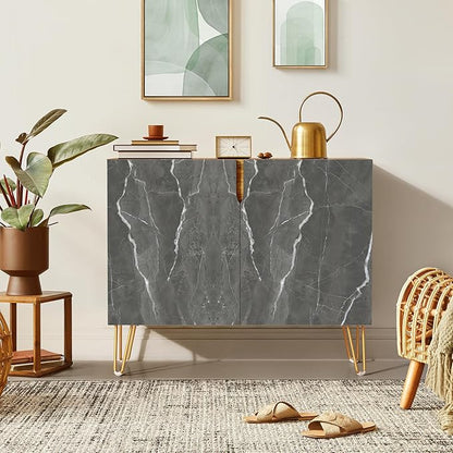 SIGNWIN Sideboard Buffet Cabinet, Kitchen Storage Cabinet with 2 Doors, Dark Gray Stonewash Marble Pattern, Cupboard Console Table for Dining Room - 35" L x 18" W x 29" H