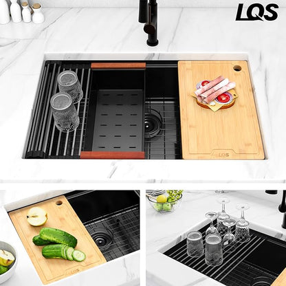 LQS Black Undermount Kitchen Sink, 32 Inch Undermount Kitchen Workstation Sink with X-Shaped Drain Line, 10 Inch Deep Single Bowl Black Kitchen Sinks For Modern Kitchen