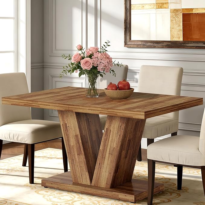 Oigavfd 47 Inch Dining Table, Rectangular Kitchen Table for 4 with Heavy Duty Pedestal Base, Modern Farmhouse Wood Dining Table for Dining Room, Kitchen, and Small Space (Walnut Brown)