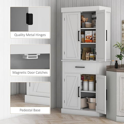 72" H Farmhouse Kitchen Pantry, Freestanding Storage Cabinet with 4 Barn Doors, Drawer, 5-Tier Shelf and Adjustable Shelves, White, Easy to Maintain, for Dining Room