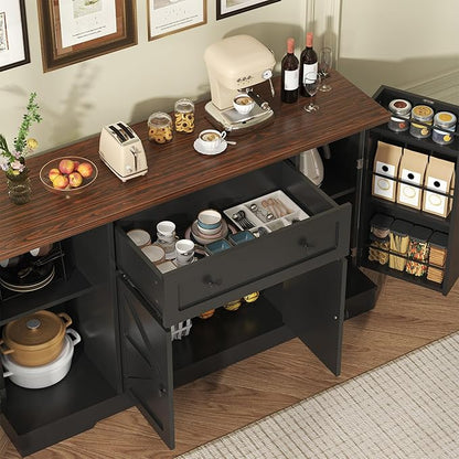 Buffet Cabinet with Storage, Modern Kitchen Buffet Sideboard with Drawer, Wood Coffee Bar Station with Charging Station, Wine Rack and Hooks, Wood Sideboard Buffet for Kitchen, Dining Room, Black