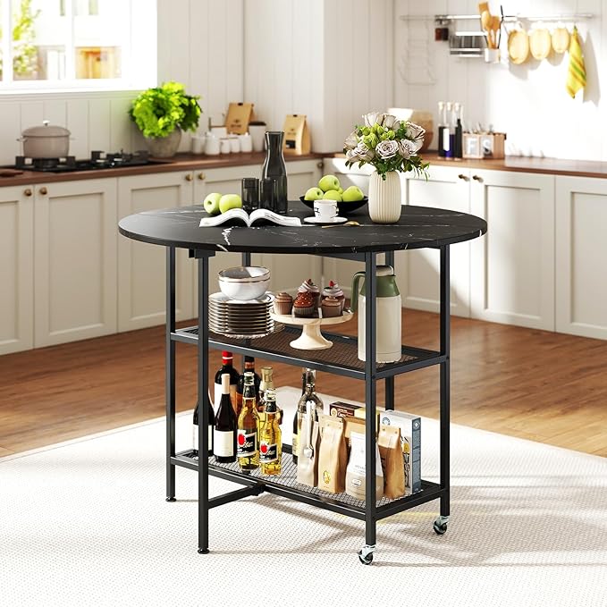 Giantex 40" Folding Dining Table with Lockable Wheels, Storage Shelves, Space-Saving Drop Leaf, Movable & Expandable Round Kitchen Table for Dinette Small Place Apartment Living Room (Black)
