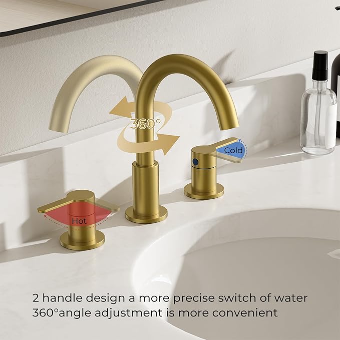 QFN Bathroom Faucets 3 Hole Brushed Gold, 8 Inch Widespread Vanity Sink Faucet with Aerator, 2 Handle 360° Swivel High Arc Spout, Spot-Free Finish, cUPC NSF Certified and CEC & DOE Compliant