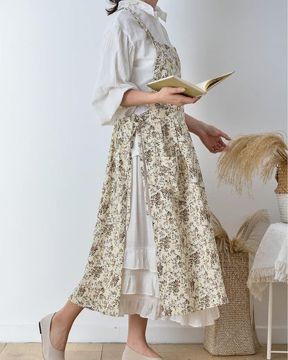 Japanese Cotton Linen Cross Back Apron with Pockets,Fashion Pinafore Dress for Gardening Painting Cleaning Cooking