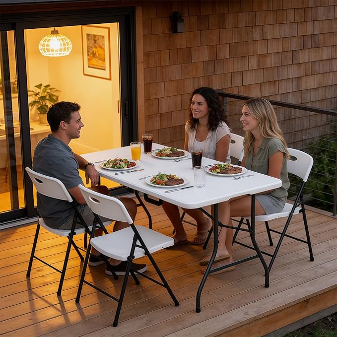 Folding Table 5ft - Heavy Duty Fold-in-Half Plastic Table with Adjustable Height, Portable Utility Tables with Steel Legs for Indoor, Outdoor, Picnic, Camping, Dining, Party (White)