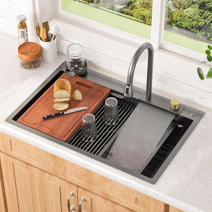 Lordear Waterfall Sink 33 Inch Gunmetal Black Drop In Kitchen Sink 16 Gauge 33x22 Workstation Stainless Steel Single Bowl 33x22x10 Inch With Pull Out Faucet Set, Integranted Control Temp & Functions
