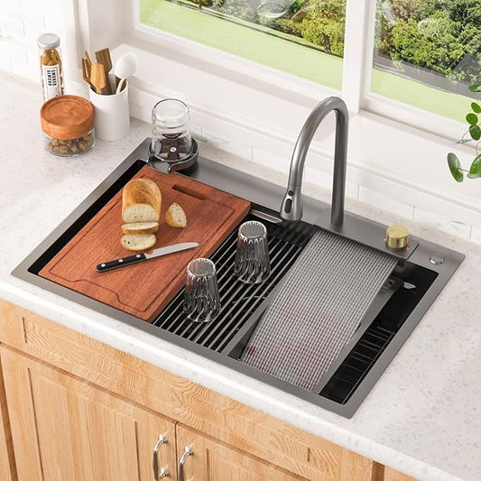 Lordear Waterfall Sink 33 Inch Gunmetal Black Drop In Kitchen Sink 16 Gauge 33x22 Workstation Stainless Steel Single Bowl 33x22x10 Inch With Pull Out Faucet Set, Integranted Control Temp & Functions