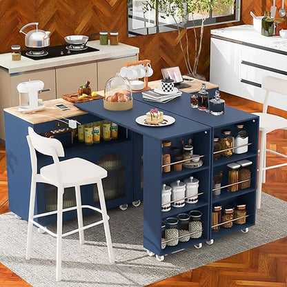 Kitchen Island Cart with Extended Table, Rolling Kitchen Island on Wheels with LED Lights&Power Outlets&Storage Compartment, Side Table with 2 Fluted Glass Doors and 3 Open Shelves,Navy Blue