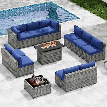 LazySunsets 12-Piece Patio Furniture Set with 44" Fire Pit Table, Wicker Outdoor Furniture, Patio Conversation Sets with Coffee Table, Outdoor Sectional Couch with Waterproof Cover, Blue