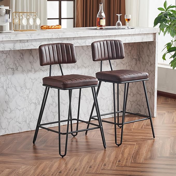 Bar Stools Set of 2, Counter Height Chairs with PU Leather Upholstery Metal Frame, Vintage Bar Chairs with Backrest Footrest for Kitchen Island, Dining Room, Home Bar, Brown