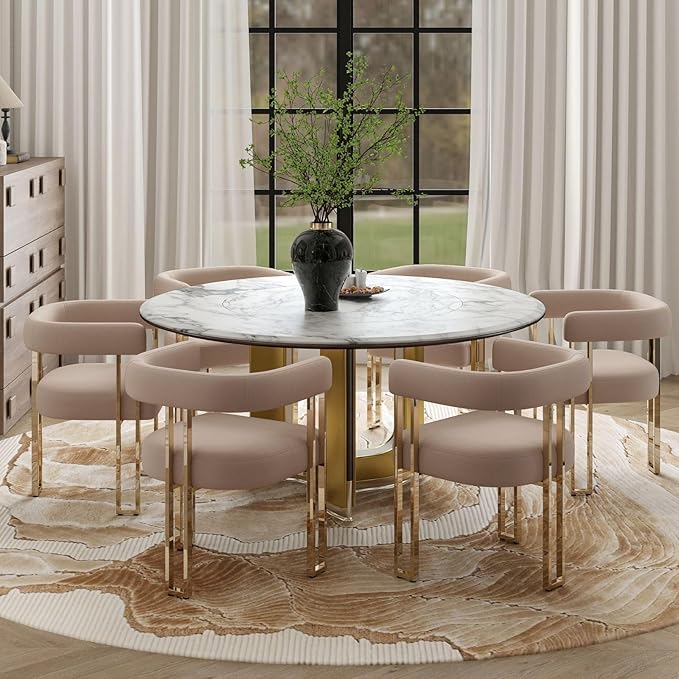 Hyfirm Velvet Dining Chairs Set of 6, Khaki Upholstered Barrel Armchairs with Gold Metal Legs for Kitchen Island, Mid Century Modern Accent Side Chairs for Dining Room and Living Room, Open-Back