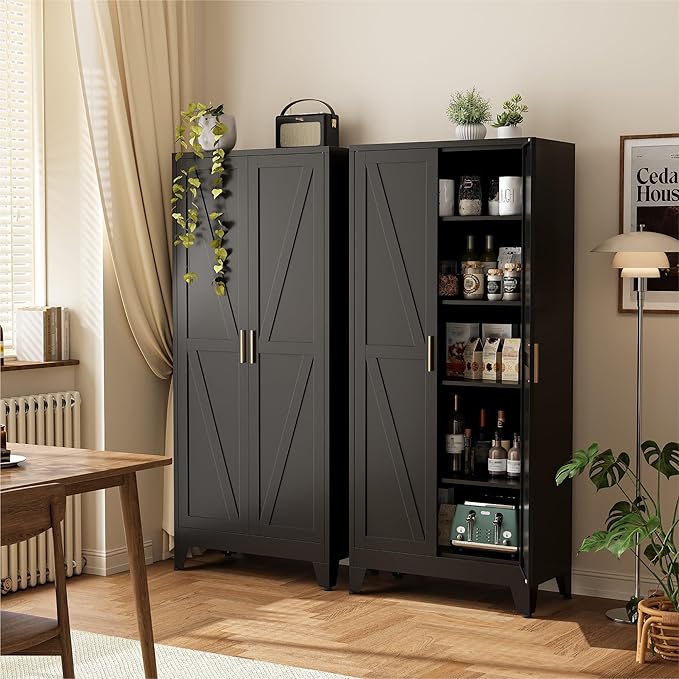 COFaR 71" Modern Pantry Cabinet in Black, 5-Tier Storage Cabinet with Adjustable Shelves, Industrial Steel Cupboard for Kitchen, Office & Living Room Organization