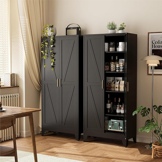 COFaR 71" Modern Pantry Cabinet in Black, 5-Tier Storage Cabinet with Adjustable Shelves, Industrial Steel Cupboard for Kitchen, Office & Living Room Organization